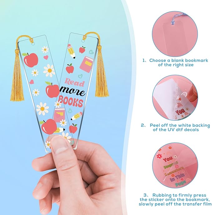 Luvsweeets UV DTF Bookmark Stickers - 16 Sheets Book Lover UV DTF Decals for Acrylic Bookmarks Waterproof Bookish Rub on Transfer Stickers UVDTF Wraps for DIY Blank Bookmarks Teacher Gifts