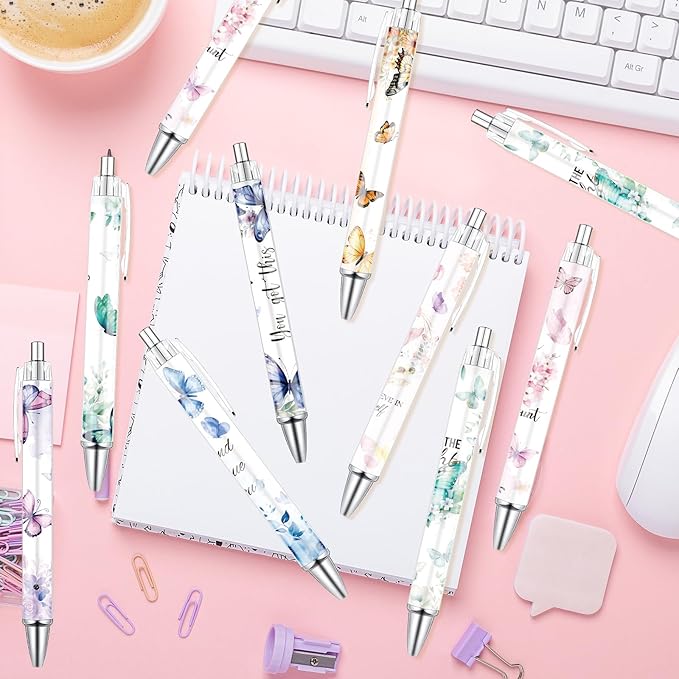 Butterfly Inspirational Ballpoint Pens - 24PCS Butterfly Print Pens Set Retractable Positive Flower Pens Smooth Writing Floral Pens for Office Stationery School Supplies for Women Teacher Gift