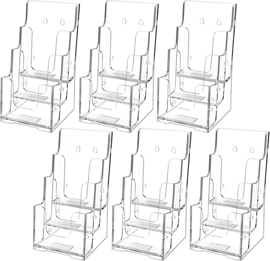 MaxGear Acrylic Brochure Holder, 4-Inch Wide 3 Tier Brochure Display Stand Clear Literature Holder Premium Acrylic Pamphlet Holder Multi Pocket, Wall Mount or Counter Top Use(6 Pack)