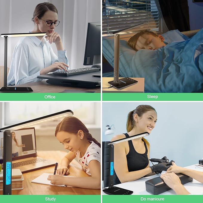 Desk Lamp with Wireless Charger,USB Charging Port, Dimmable Office Desk Light with Clock, Alarm, Date, Temperature, Foldable Lamp for Table Bedroom Bedside Office (Black, Standard Size-13.3 inch)