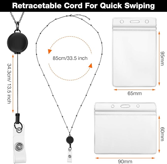 Outus 2 Pieces Badge Lanyard with ID Holders Stainless Steel Badge Holders Necklace Retractable Reel Clip Chain Water Resistant Name(Black, Silver)