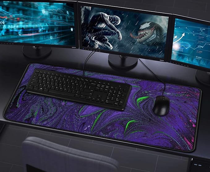 Large Mouse Pad with Stitched Edges, Durable Non-Slip Natural Rubber Base, Waterproof Computer Keyboard Pad Mat for Esports Pros/Gamer/Desktop/Office/Home - Purple Green