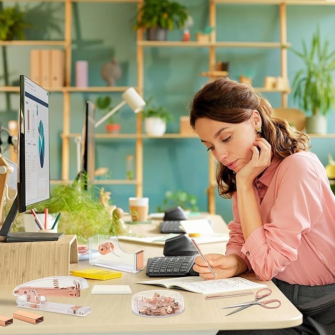 Rose Gold Office Supplies,UPIHO Rose Gold Desk Accessories,Stapler and Tape Dispenser Set with Stapler,Tape Dispenser, Staple Remover, Staples, Clips,Scissor,Pen and Sticky Notes,Gifts for Coworkers