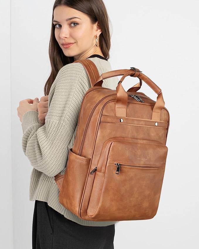 MASINTOR Leather Laptop Backpack for Women, Stylish Computer Backpack College Business Work Shoulder Bags Work and Travel Mocha Brown