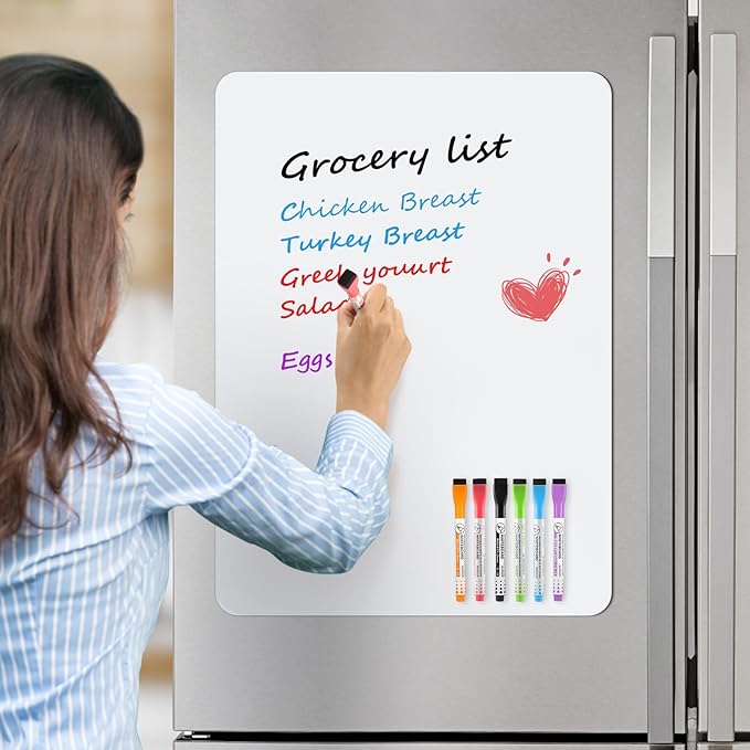 MaxGear 20'' X 13'' inch Magnetic Dry Erase Whiteboard for Refrigerator, Fridge Whiteboard Sheet for Kitchen Fridge Shopping List Notice Board with New Stain Resistant Technology (1 Eraser,6 Markers)