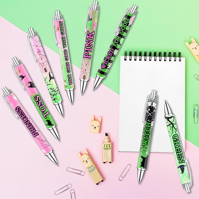 Halloween Princess and Witch Pens Set – Magical Fantasy-Themed Ballpoint Pens for Girls, Students, Stationery Lovers – Smooth Writing Pens for School, Journaling, Gifts – Pink Green Pens, 8 Pack