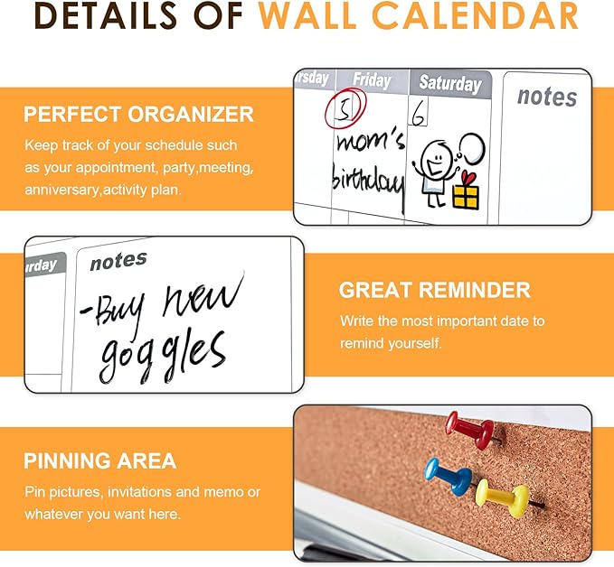 MAKELLO Dry Erase Calendar for Wall 36x24 in, Large Calendar Whiteboard with Cork Board for Office, Home, School, Family, Kitchen and Bedroom, 3' x 2'