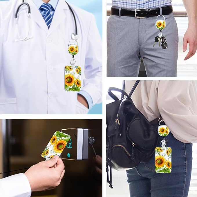 Sunflower Badge Holder with Retractable Reel and Breakaway Lanyard,Badge Clips Retractable Heavy Duty Badge Reel,Funny Keychain,ID Holder with Breakaway Lanyard for School Nurse Office Teen
