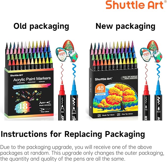Shuttle Art 48 Colors Dual Tip Acrylic Paint Markers, Brush Tip and Fine Tip Acrylic Paint Pens for Rock Painting, Ceramic, Wood, Canvas, Plastic, Glass, Stone, Calligraphy, Card Making, DIY Crafts