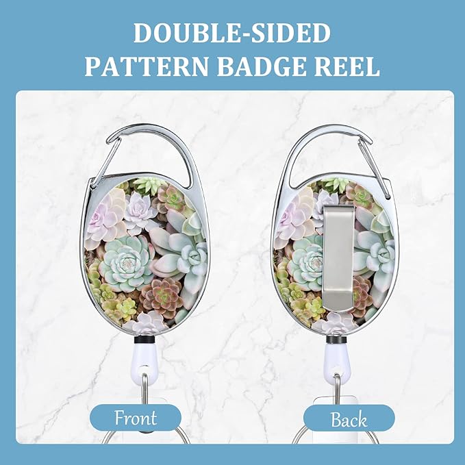 Badge Reels Retractable,Double Sided Color Print Pattern Retractable Badge Holders,with Retractable Keychain, Badge Clip and Key Ring,Durable Nylon Retractable Rope,Succulents