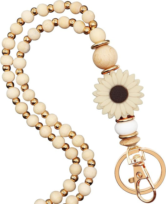 Wooden Teacher Lanyards for Id Badge Cute Flower Wood and Gold Beaded Lanyards for Women for Nurse Badge