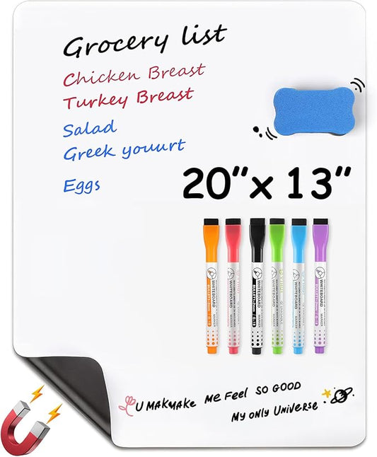 MaxGear 20'' X 13'' inch Magnetic Dry Erase Whiteboard for Refrigerator, Fridge Whiteboard Sheet for Kitchen Fridge Shopping List Notice Board with New Stain Resistant Technology (1 Eraser,6 Markers)