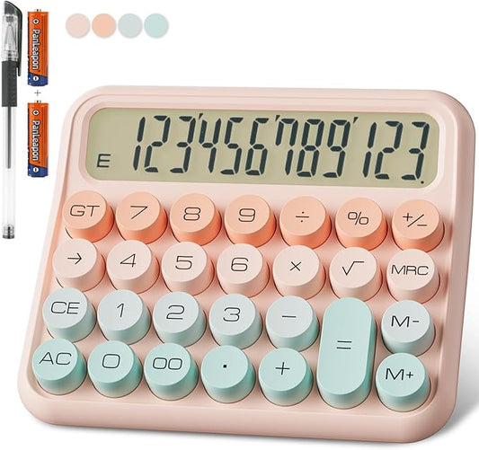 Mechanical Calculator 12 Digit Extra Large 5-Inch LCD Display, DECKLIT Battery Desk Calculator, Big Buttons Easy to Press Office Calculators Desktop, 15°Tilt Screen for Kids Calculator(Green&Pink)