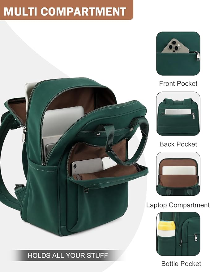 MASINTOR Leather Laptop Backpack for Women, Stylish Computer Backpack College Business Work Shoulder Bags Work and Travel Retro Green