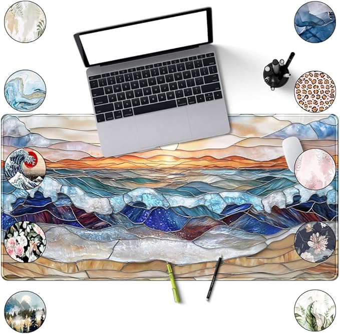 Mountain Sunrise Gaming Mouse Pad Large Desk Mat Extended Mouse and Keyboard Pad, Faux Stained Glass Nature Mousepad with Stitched Edge Mouse Desk Pad Computer Mat Soft Aesthetic Decor 31.5 X 15.7 in