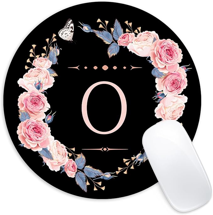 Letter O Black and Pink Flowers Round Mouse Pad, Small Non-Slip Rubber Base Mouse Mat, Home Office Decor Desk Accessories, 8.7inch Round