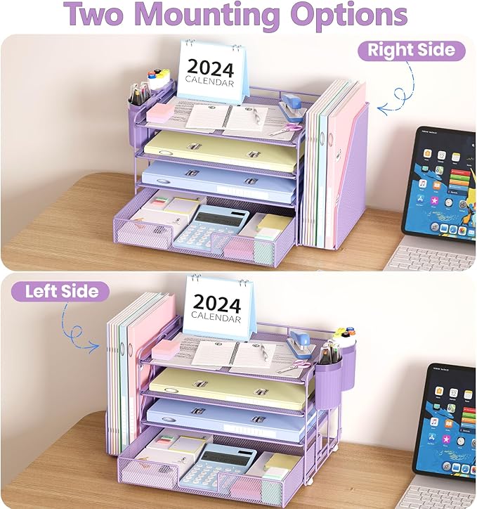 OPNICE Desk Organizer and Accessories, 4-Tier Desktop File Organizer with Drawer and 2 Pen Holders, Office Desk Accessories, File Sorters, Workspace Organizers for Office Supplies(Purple)