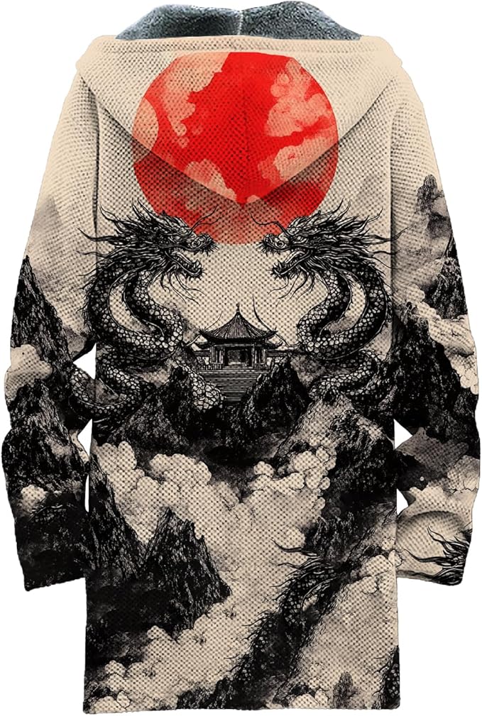 MARSVOVO Mens Cardigan Sweater Cool Graphic Lined Fleece Long Coat Zip With Pockets Fashion Coat Warm Fitted Jacket