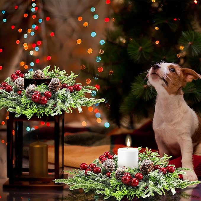 Lyrow 8 Pcs Christmas Candle Rings Wreath Xmas Kitchen Cabinet Mini Wreath Artificial Berries Snowy Pine Candle Ring Holder for Christmas Chandelier Home Table Centerpiece Indoor Decor