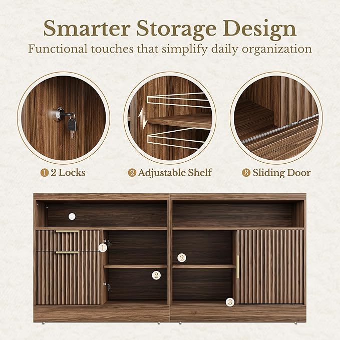 2 Drawer File Cabinet with Lock, 63'' Wood Lateral File Cabinet, Compatible Letter and A4 Size, Fluted Filing Cabinet for Home Office with AC/USB, Adjustable Storage Shelves, Black Walnut