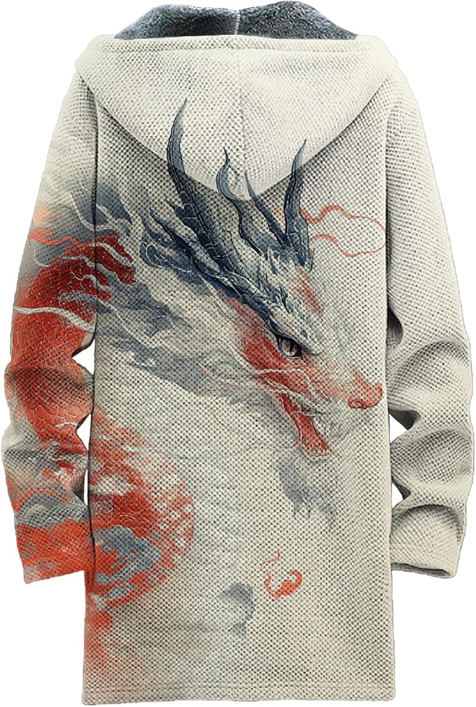 MARSVOVO Mens Cardigan Sweater Cool Graphic Lined Fleece Long Coat Zip With Pockets Fashion Coat Warm Fitted Jacket