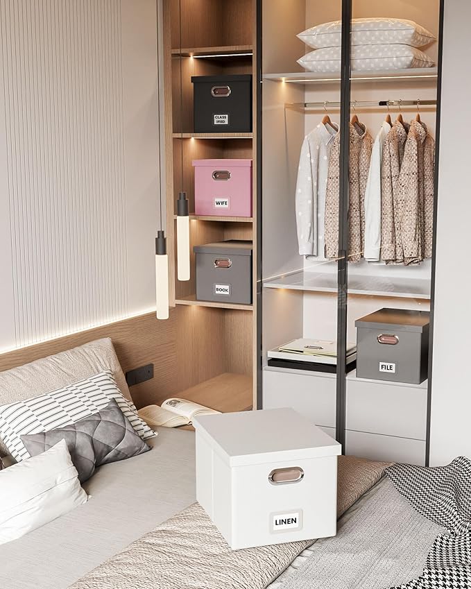 Oterri File Organizer Box with Lid, Portable Hanging File Box for Office/Decor/Home, 1 Pack, Gray (Leather)