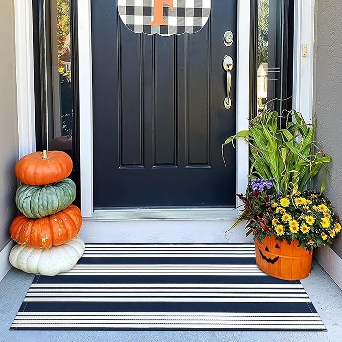 OJIA Entryway Rug 24''x51'', Machine Washable Christmas Front Door Mat Cotton Woven Blue and White Outdoor Rugs Porch Rug Striped Kitchen Runner Indoor Door Mat for Farmhouse/Entry/Home Entrance