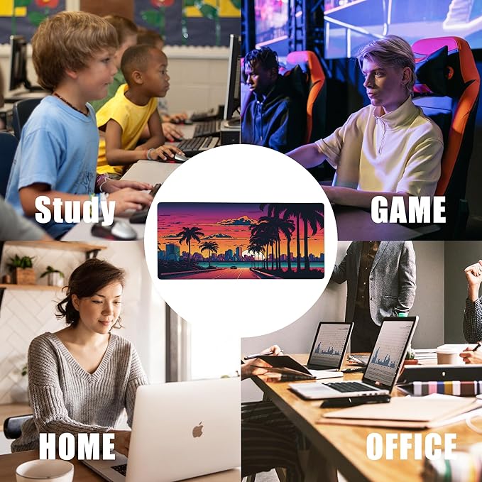 Mouse Pad,Orange Purple Miami Landscape Desk Mat for Desktop,Desk Pad with Non-Slip Base and Stitched Edge,Extended Mousepad for Office and Home 35.4X15.7 Inch