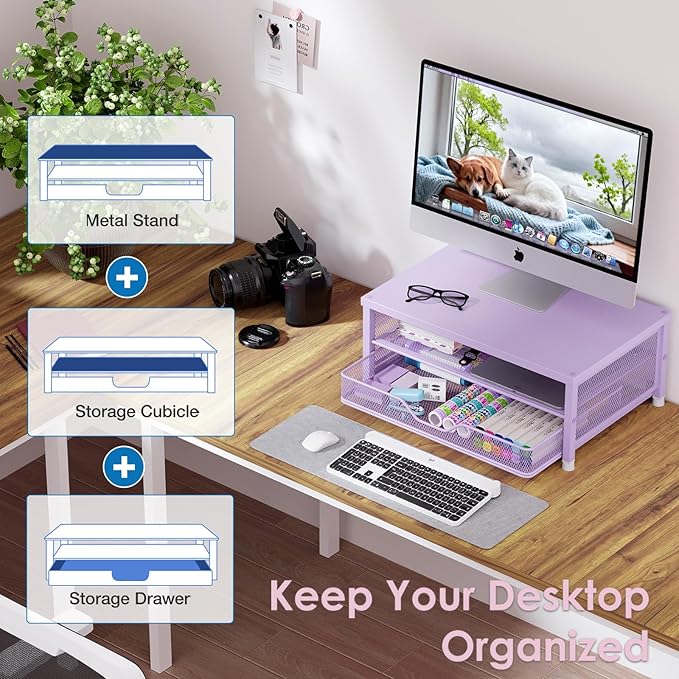 OPNICE Computer Monitor Stand Riser, Desk Organizers and Accessories with Drawer, Laptop Stand, Office Desk Accessories & Workspace Desktop Organizers Storage for Office Supplies(Purple)