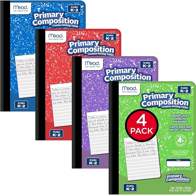 Mead Primary Composition Book, Ruled, Grades K-2, 100 Sheets, 7-1/2" x 9-3/4", 4 Pack (610053-ECM)