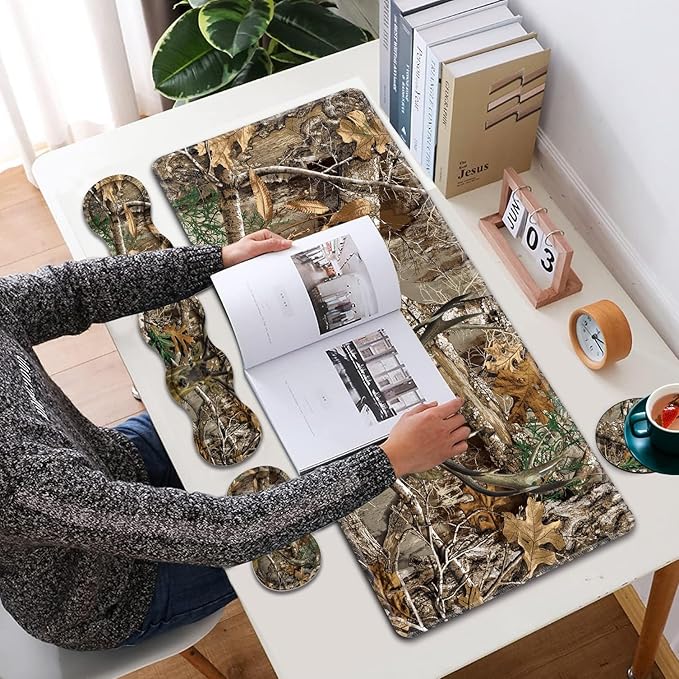 Large XXL Gaming Desk Mat 31.5"x 11.8", Ergonomic Keyboard Wrist Rest & Mouse Pad Wrist Rest + Coaster Set, Non-Slip Base, Memory Foam, Office and Home, Camouflage Giraffe