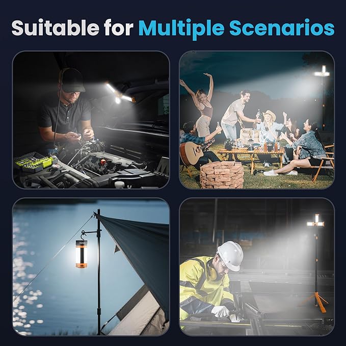 CAVN Rechargeable Camping Lights with Remote & Detachable Tripod Max Height 6.7 ft, Portable Work Light with 3 LED Lamp Heads, Camping Essentials Gear Emergency Flashlight with Hook, Orange