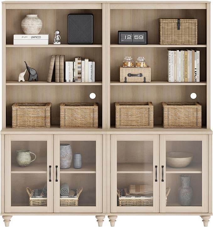 WAMPAT 5 Tier Bookshelf 72" Tall Bookcase with Glass Doors,Large Farmhouse Display Book Shelf with Adjustable Shelves and Storage Cabinet,Library Wood Bookshelves for Living Room,Kitchen, Light Oak