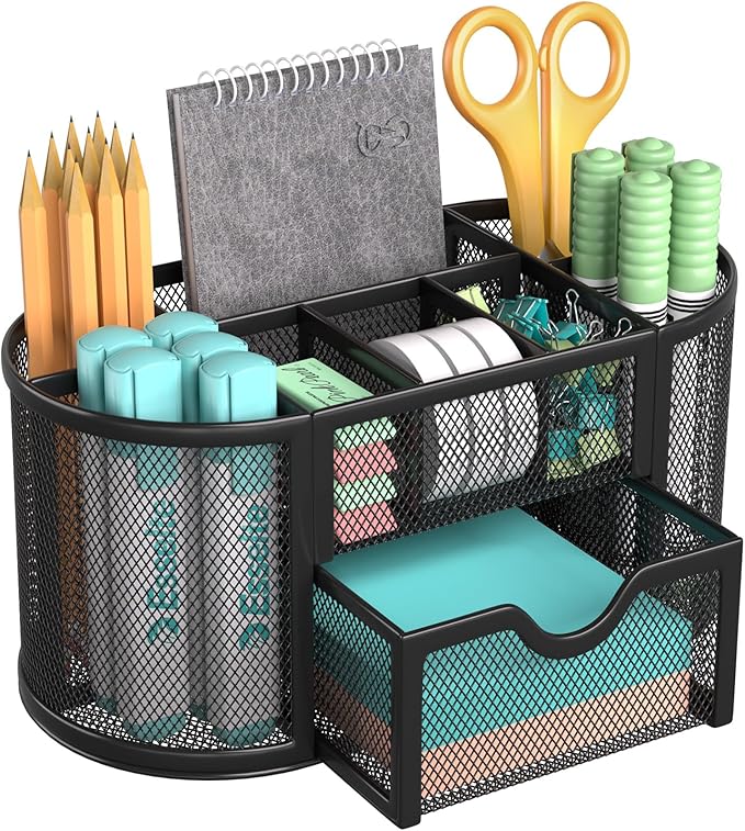 MaxGear Desk Organizer, Pencil Holder for Desk with Drawer, 9 Compartments, 8.75" x 4.5" x 4" Metal Mesh Stationary Organizer, Black Desk Caddy for Office, School & Home