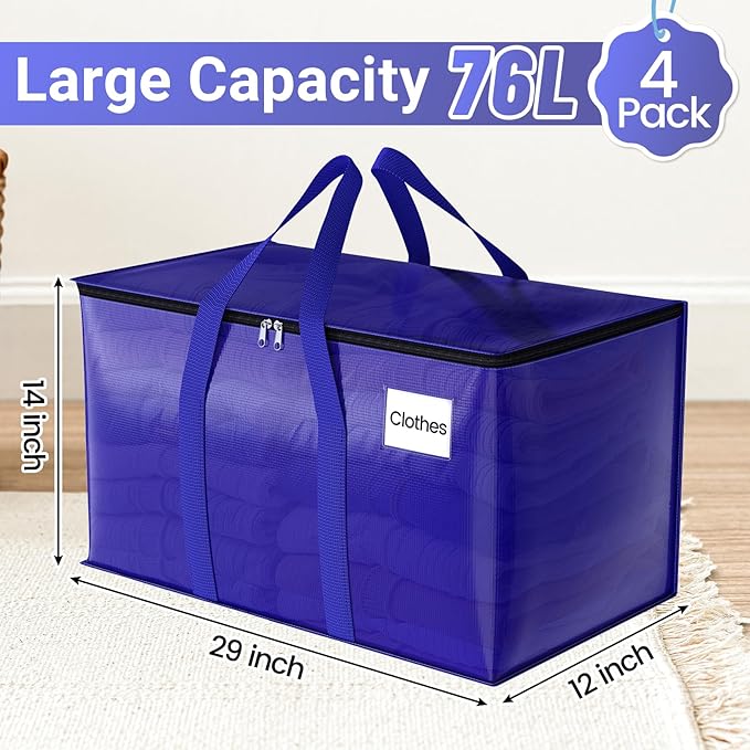 Moving Storage Bags, Moving Supplies Packing Boxes for Moving, Camping, College Dorm Room Essentials for Girls, Blue Tote Bags, Heavy-Duty Storage Bins With Lids And Zippers, 76L 4 Pack