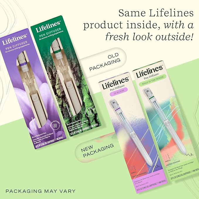 Lifelines Pen Diffuser Set, 2-Pack (Walk in The Woods & in Bloom) - 1mm Black Ballpoint Pens with Scented Essential Oil Diffuser - Aromatherapy & Sensory Immersion Diffuse Aroma As You Write