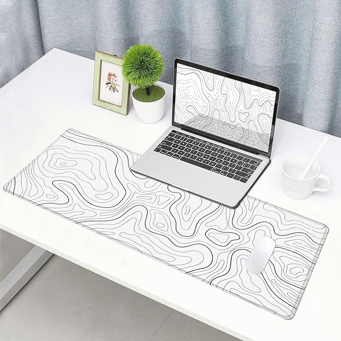 Mouse Pad Large, Extended XL Gaming Mousepad, Non-Slip Rubber Base Minimalist Keyboard Mouse Mat Desk Pad for Work, Game, Office, Home, 31.5 x 11.8 in, White Topographic Map Lines