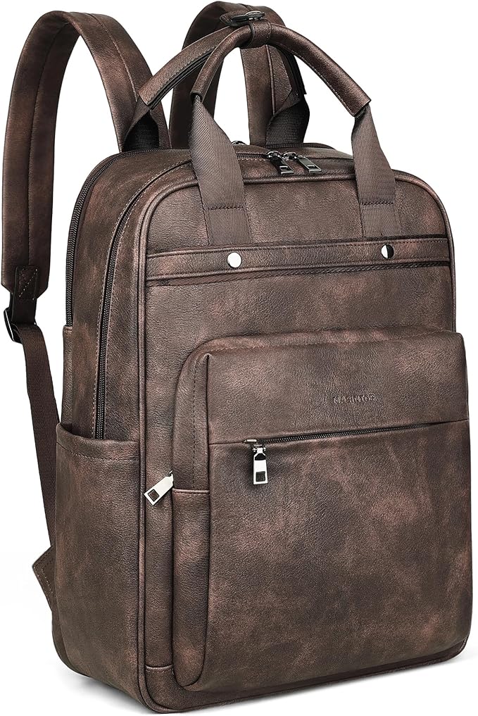 MASINTOR Leather Laptop Backpack for Women, Stylish Computer Backpack College Business Work Shoulder Bags Work and Travel Retro Coffee