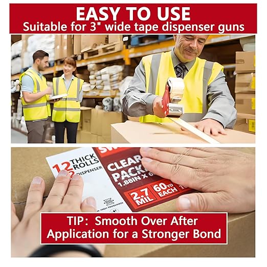 SWRT 2.7Mil Thick Ultra Clear Packing Tape, 12 Rolls Heavy Duty Packaging Tape with 2 Dispensers for Shipping Packaging Moving Mailing, Thicker Sealing Tape-1.88" x 60 Yards Per Roll, 720 Total Yards