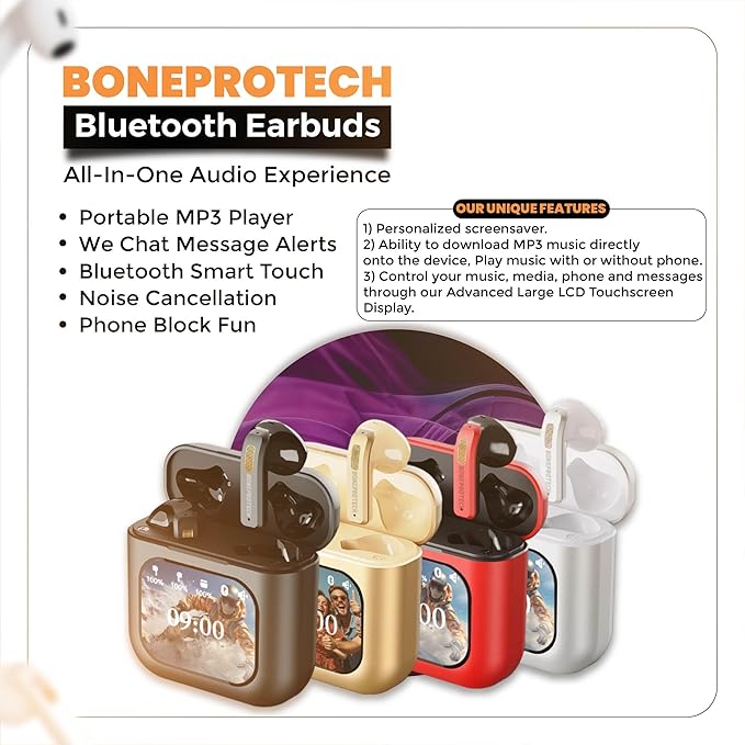Bluetooth Smart Touch Earbuds, Customizable Screen Saver, MP3 Player, Control Social Media, Calls, messeging, ENC Noise Reduction, Built-in mic, Advanced V5.3 Technologies (Black)
