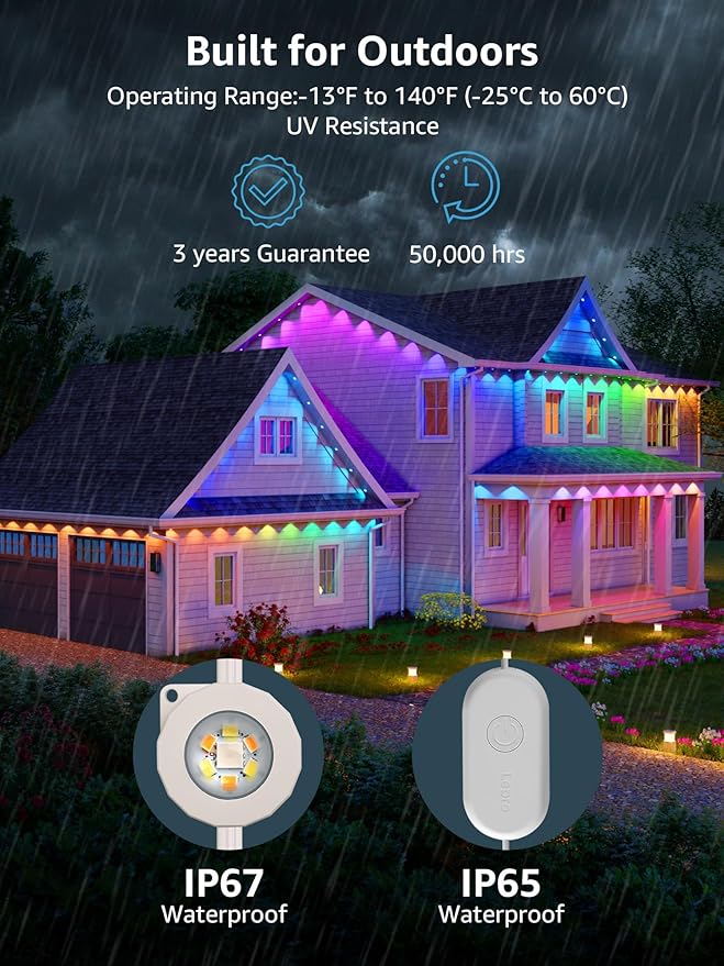 Lepro E1 AI Permanent Outdoor Lights APP Control, 50ft 30 LED Smart RGB+IC+Warm/Cool White House Eave Light for Halloween Christmas, Alexa Google Enabled, 2.4 GHz WiFi/Bluetooth, NO Remote Controller