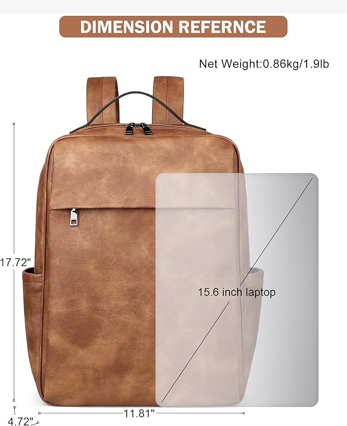 MASINTOR 15.6 inch PU Leather Laptop Backpack Purse for Women, Large College Casual Backpack Travel Bag Mocha Brown
