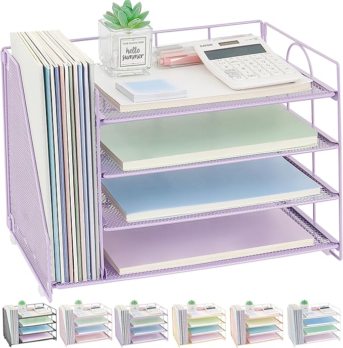 OPNICE 4-Tier Paper Organizer with Magazine Holder, Desk Organizers and Accessories, Office Desk Accessories & Workspace Organizers, Desktop File Organizer for Office Supplies Storage, Purple