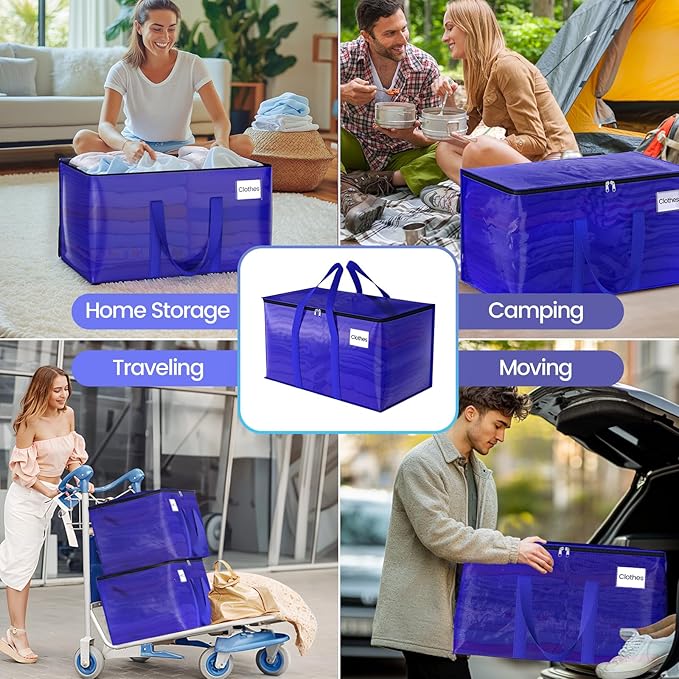 Moving Storage Bags, Moving Supplies Packing Boxes for Moving, Camping, College Dorm Room Essentials for Girls, Blue Tote Bags, Heavy-Duty Storage Bins With Lids And Zippers, 125L 4 Pack