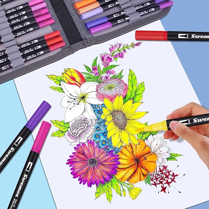 Markers for Adult Coloring Book, 72 Colors Art Markers Set Dual Tip Brush Pen, Coloring Markers Fine Point Artist Drawing Paintings Diaries Journaling Art projects Art Supplies with Case