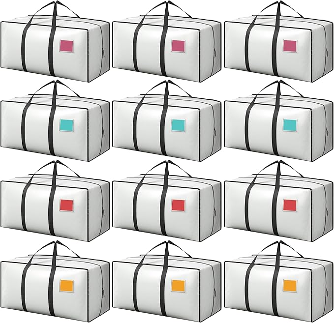 12 Pack Extra Heavy Duty Large Moving Bags with Reinforced Zipper & Wide Handles, Waterproof Storage Bins for Clothes, College Dorm, Travel, and Home Organization, White