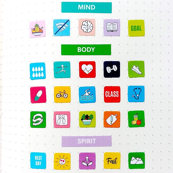 Mirida Planner Stickers - Fitness Pack of 2076 Mini Icons for Workout, Healthy Diet, Gym Exercise, and Habits - for Calendar and Journal