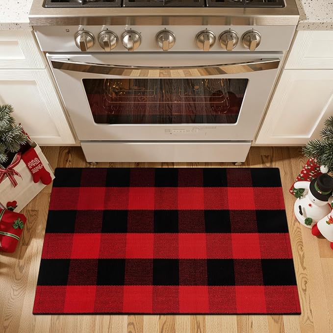 OJIA Christmas Buffalo Plaid Door Mats Outdoor 2'x3', Cotton Red&Black Front Door Rug Machine Washable Small Area Rug Farmhouse Indoor Throw Rugs for Layered Doormat/Porch/Entryway/Kitchen/Bathroom