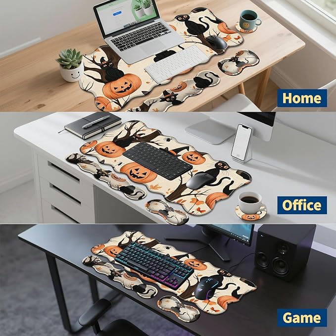 4-Piece XXL Gaming Mouse Pad Set (31.5"x11.8") with Keyboard Wrist Rest,Mouse Wrist Support & Coaster,Ergonomic Non-Slip Desk Mat for Office & Home,Black Cats Pumpkins