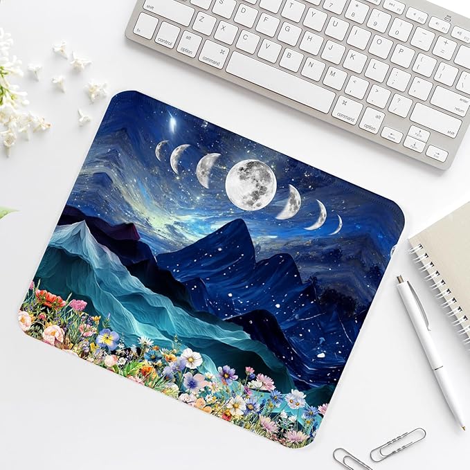 Mountain and Moon Square Mouse Pad,Non-Slip Rubber Base Mouse Pad, Home Office Decoration Desktop Accessory,Laptop Mouse Pad for Office Laptops,9.4x7.8x0.12in